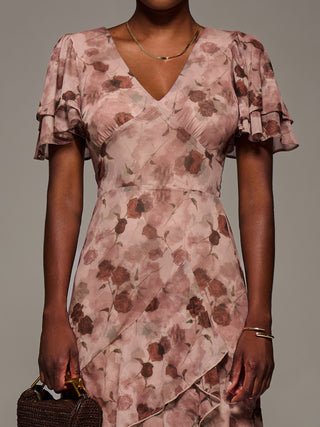 Angel Sleeve Ruffle Hem Mesh Midaxi Dress, Pink Floral