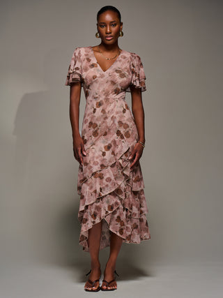 Angel Sleeve Ruffle Hem Mesh Midaxi Dress, Pink Floral