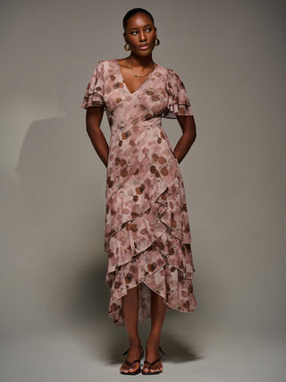 Angel Sleeve Ruffle Hem Mesh Midaxi Dress, Pink Floral