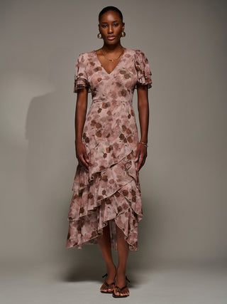 Angel Sleeve Ruffle Hem Mesh Midaxi Dress, Pink Floral