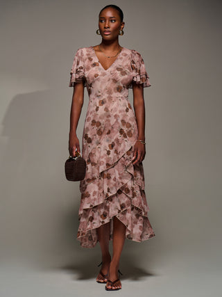 Angel Sleeve Ruffle Hem Mesh Midaxi Dress, Pink Floral