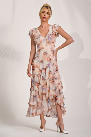 Mesh Ruffle Detail Maxi Dress, Amber Floral