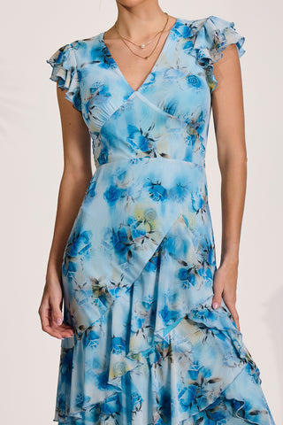 Mesh Ruffle Detail Maxi Dress, Blue Floral