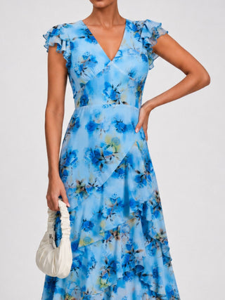 Mesh Ruffle Detail Maxi Dress, Blue Floral