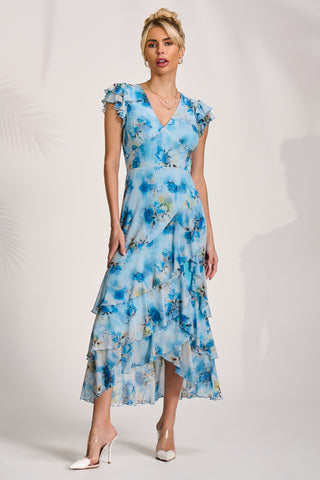 Mesh Ruffle Detail Maxi Dress, Blue Floral