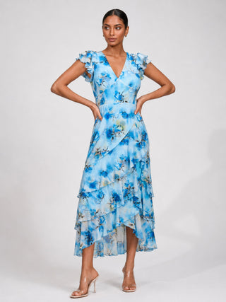 Mesh Ruffle Detail Maxi Dress, Blue Floral