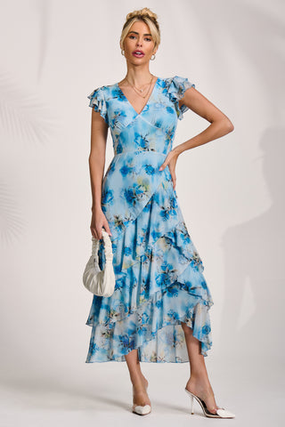 Mesh Ruffle Detail Maxi Dress, Blue Floral