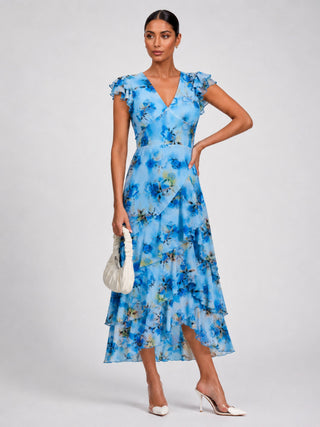 Mesh Ruffle Detail Maxi Dress, Blue Floral