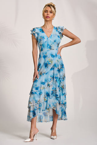 Mesh Ruffle Detail Maxi Dress, Blue Floral