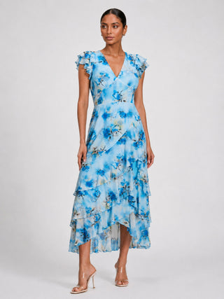 Mesh Ruffle Detail Maxi Dress, Blue Floral