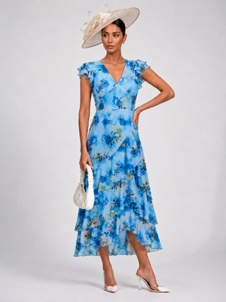 Mesh Ruffle Detail Maxi Dress, Blue Floral