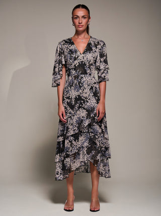 Frill Trim Mesh Maxi Dress, Black Abstract