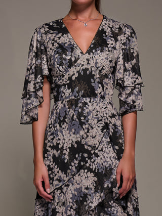 Frill Trim Mesh Maxi Dress, Black Abstract