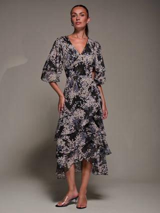 Frill Trim Mesh Maxi Dress, Black Abstract