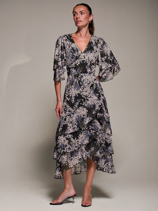 Frill Trim Mesh Maxi Dress, Black Abstract