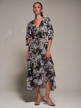 Frill Trim Mesh Maxi Dress, Black Abstract