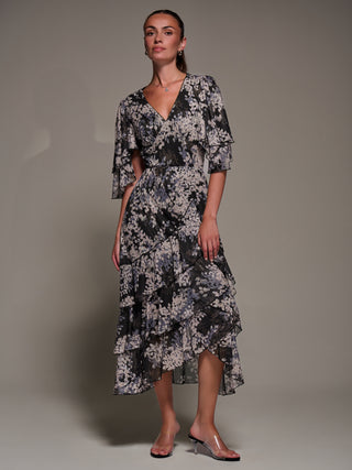 Frill Trim Mesh Maxi Dress, Black Abstract