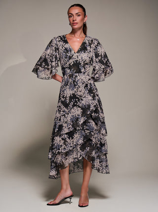 Frill Trim Mesh Maxi Dress, Black Abstract