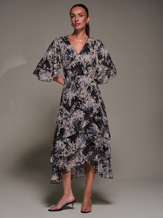 Frill Trim Mesh Maxi Dress, Black Abstract