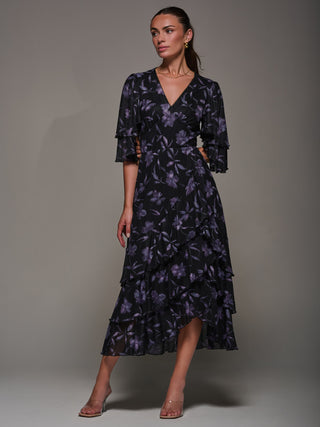 Frill Trim Mesh Maxi Dress, Purple Floral