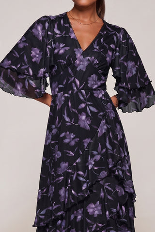 Frill Trim Mesh Maxi Dress, Purple Floral