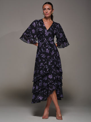 Frill Trim Mesh Maxi Dress, Purple Floral