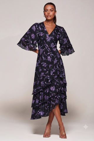 Frill Trim Mesh Maxi Dress, Purple Floral