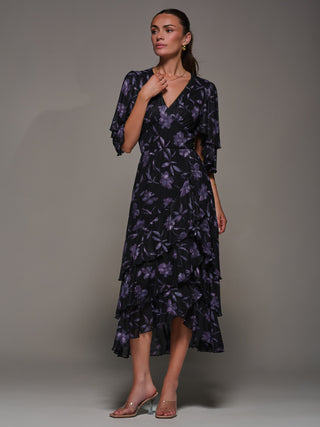 Frill Trim Mesh Maxi Dress, Purple Floral