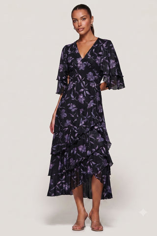 Frill Trim Mesh Maxi Dress, Purple Floral