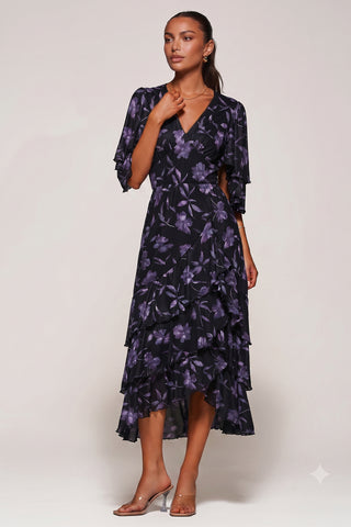 Frill Trim Mesh Maxi Dress, Purple Floral
