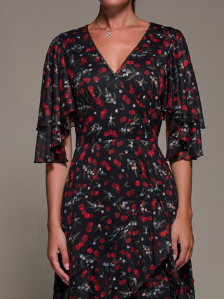 Frill Trim Mesh Maxi Dress, Red Cherry