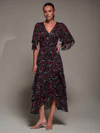 Frill Trim Mesh Maxi Dress, Red Cherry