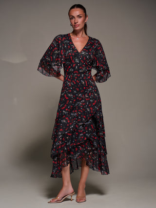 Frill Trim Mesh Maxi Dress, Red Cherry