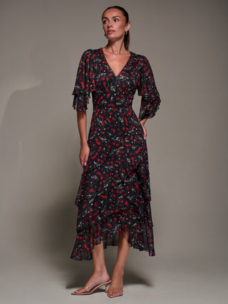 Frill Trim Mesh Maxi Dress, Red Cherry