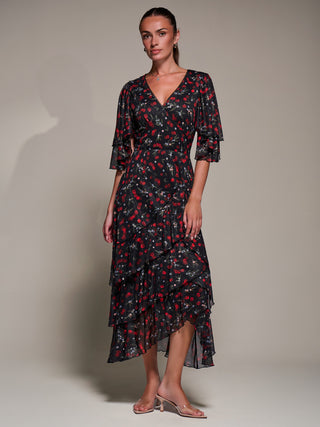 Frill Trim Mesh Maxi Dress, Red Cherry