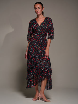 Frill Trim Mesh Maxi Dress, Red Cherry