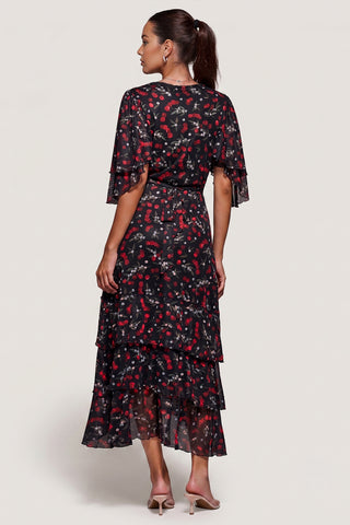 Frill Trim Mesh Maxi Dress, Red Cherry