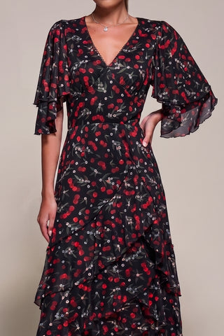 Frill Trim Mesh Maxi Dress, Red Cherry