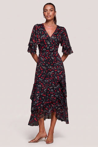 Frill Trim Mesh Maxi Dress, Red Cherry