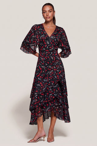 Frill Trim Mesh Maxi Dress, Red Cherry