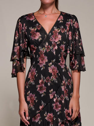 Frill Trim Mesh Maxi Dress, Red Floral