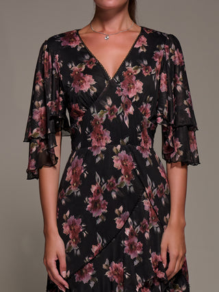 Frill Trim Mesh Maxi Dress, Red Floral