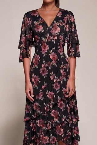 Frill Trim Mesh Maxi Dress, Red Floral