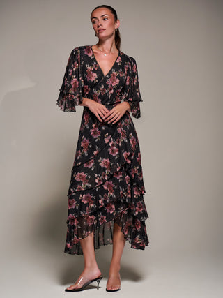 Frill Trim Mesh Maxi Dress, Red Floral