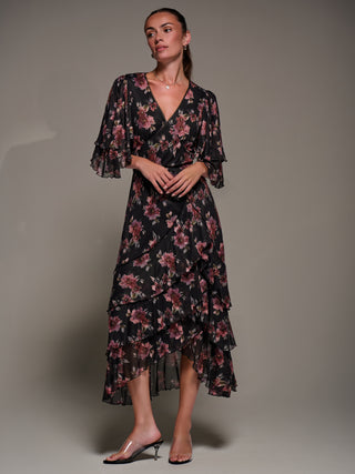 Frill Trim Mesh Maxi Dress, Red Floral