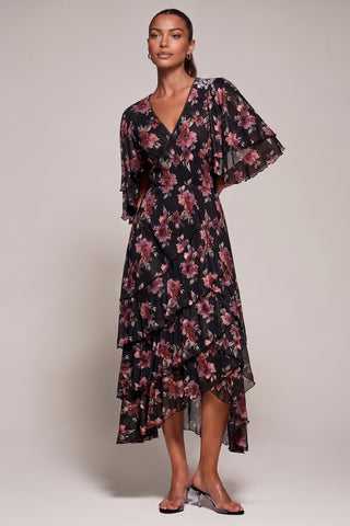 Frill Trim Mesh Maxi Dress, Red Floral