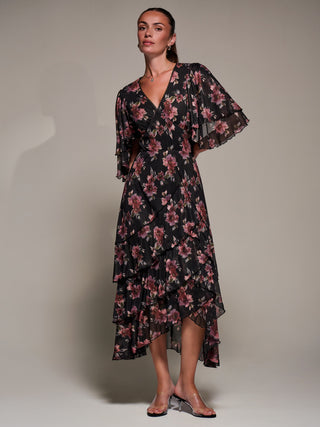 Frill Trim Mesh Maxi Dress, Red Floral