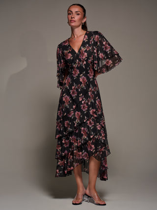 Frill Trim Mesh Maxi Dress, Red Floral