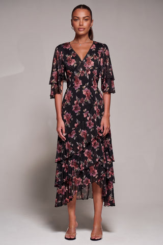 Frill Trim Mesh Maxi Dress, Red Floral
