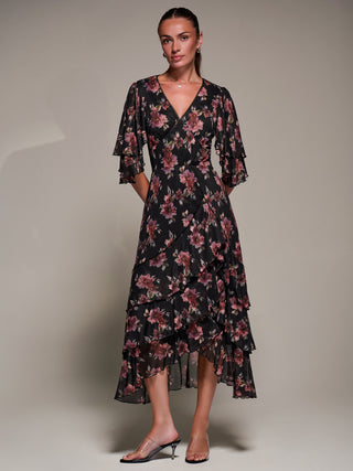 Frill Trim Mesh Maxi Dress, Red Floral